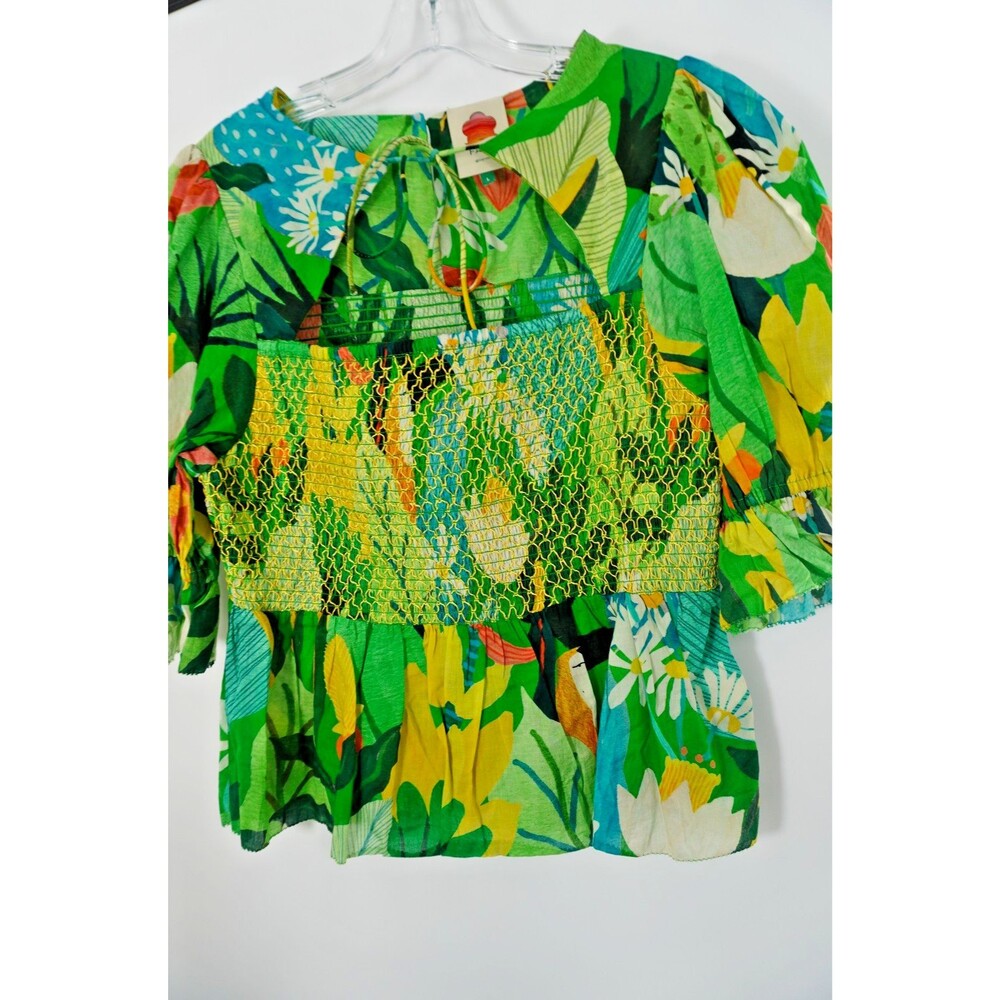 Farm Rio Women Sz S Tropical Toucan Floral Smocked Puff Sleeve Peplum Blouse NWT
